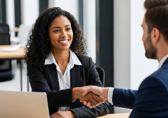Smiling Businesswoman Shaking Hands in Modern Office Setting