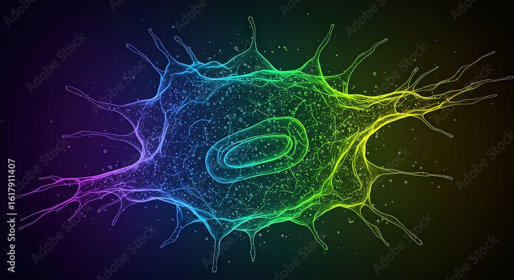 Poster a neonoutlined cell with branching extensions against a dark background