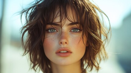 Dynamic shot of short choppy layers styled with a messy carefree look the hair tousled and full of texture set against a modern urban backdrop to enhance the edgy contemporary vibe