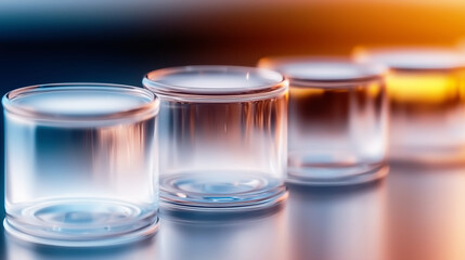 Row of empty glass beakers in a laboratory, concept for science, chemistry, or pharmaceutical research and development.