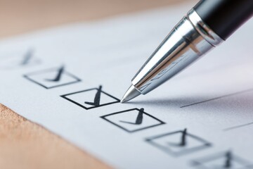 Professional Close-Up of Pen Checking Boxes on Checklist Modern Productivity Concept for Business, Finance, Marketing and Social Media Content