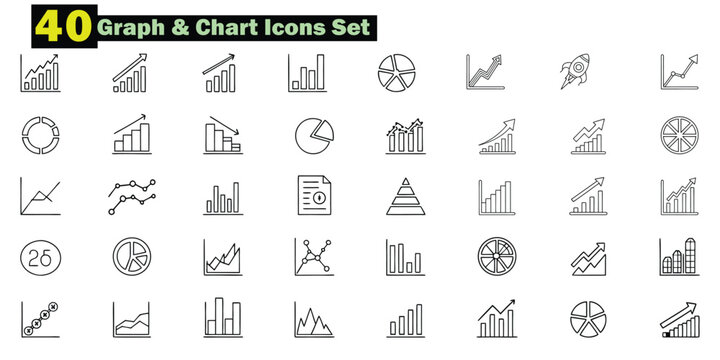 Collection of 40 black and white graph and chart icons vector