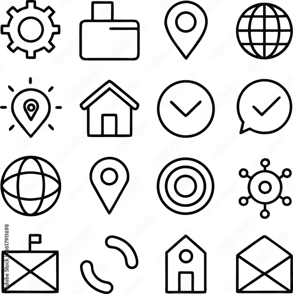 Poster a collection of simple black and white line art icons representing various common digital and naviga