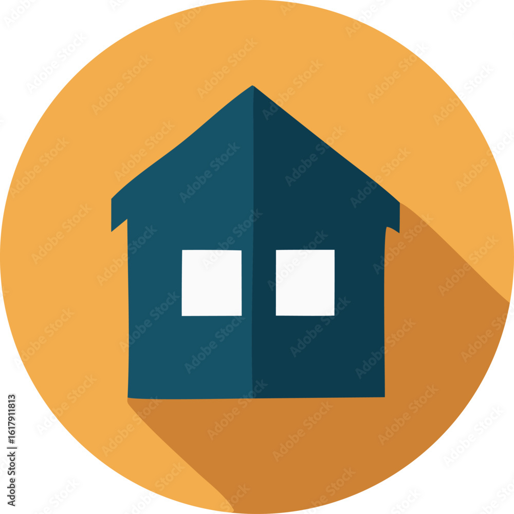 Poster simple flat design icon of a teal house with two white square windows set against a warm orange circ