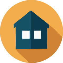 Simple flat design icon of a teal house with two white square windows set against a warm orange circular background with a long shadow