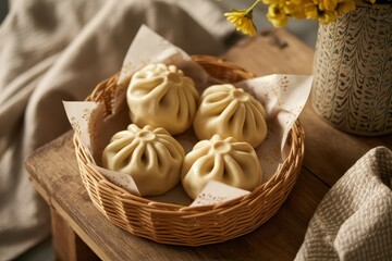 Close up of khinkali dumplings in a basket with yellow flowers and a beige cloth on a wooden surface