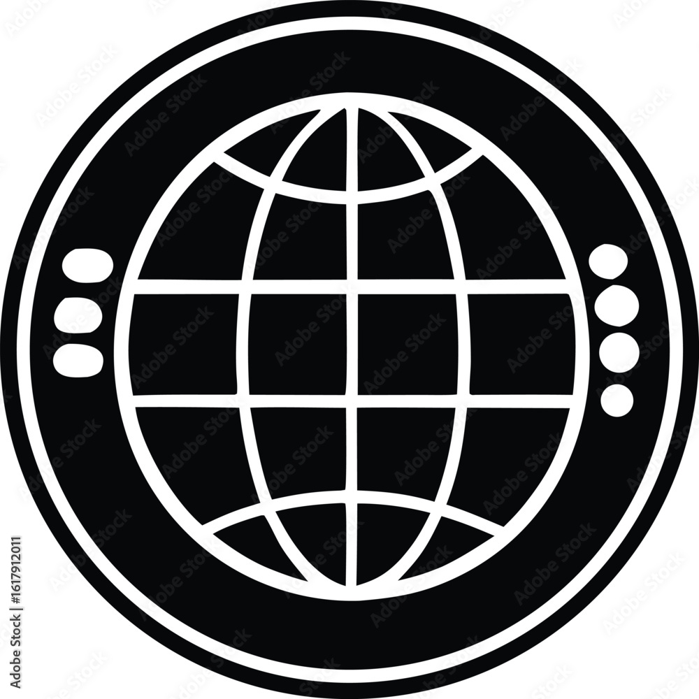 Poster a stark black and white circular emblem featuring a stylized white globe with intersecting lines and