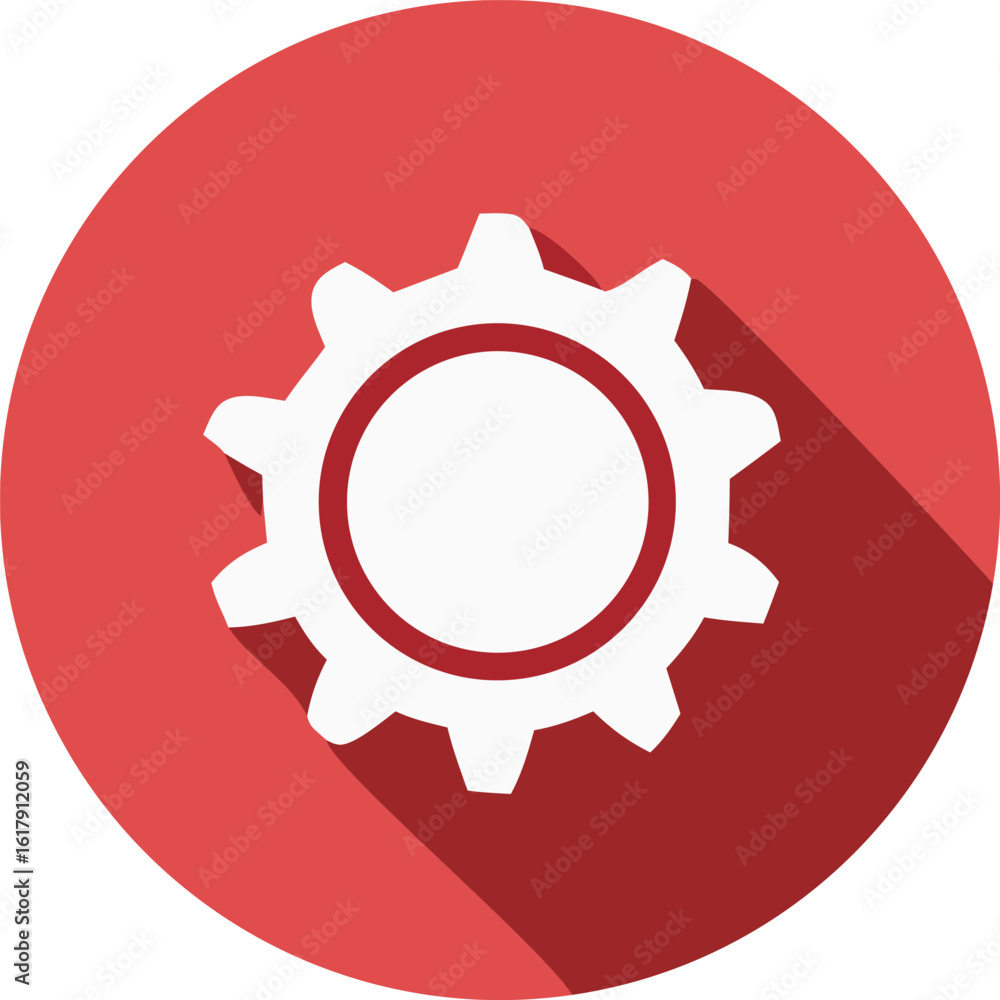Poster simple flat design icon of a white cogwheel gear centered within a vibrant red circular background w