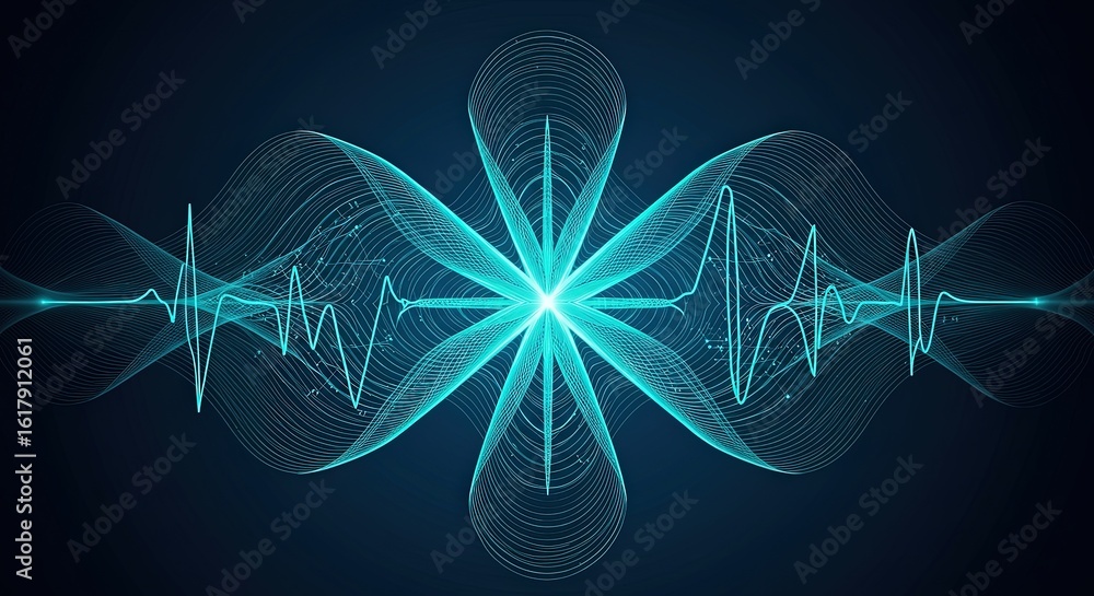 Poster abstract cyan waveform pattern with symmetrical floral design