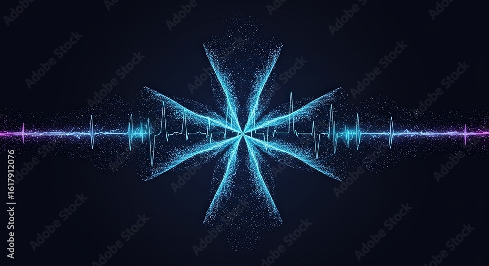 Poster abstract digital art with a pulsing cardiogram and light particles