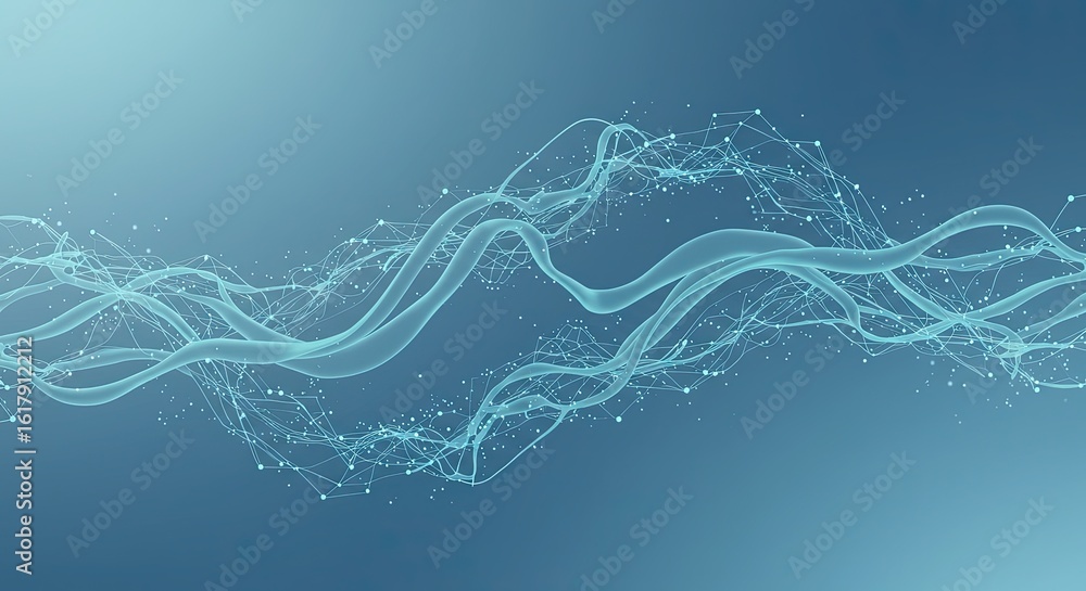 Poster abstract flowing luminous waves with interconnected nodes on a blue gradient background