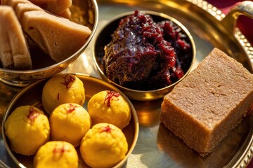A golden tray with bowls of sweets including laddu burfi and jamun arranged in an appealing display