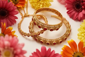 Close up of gold bangles with red stones surrounded by pink orange and yellow gerbera daisies