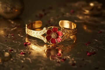 Close up of a golden bracelet with a red flower design on a reflective golden surface with petals
