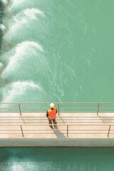 Modern Professional Water Treatment Plant Worker Monitoring Eco Fabric Technology for Sustainable Industry Marketing and Advertising Campaigns