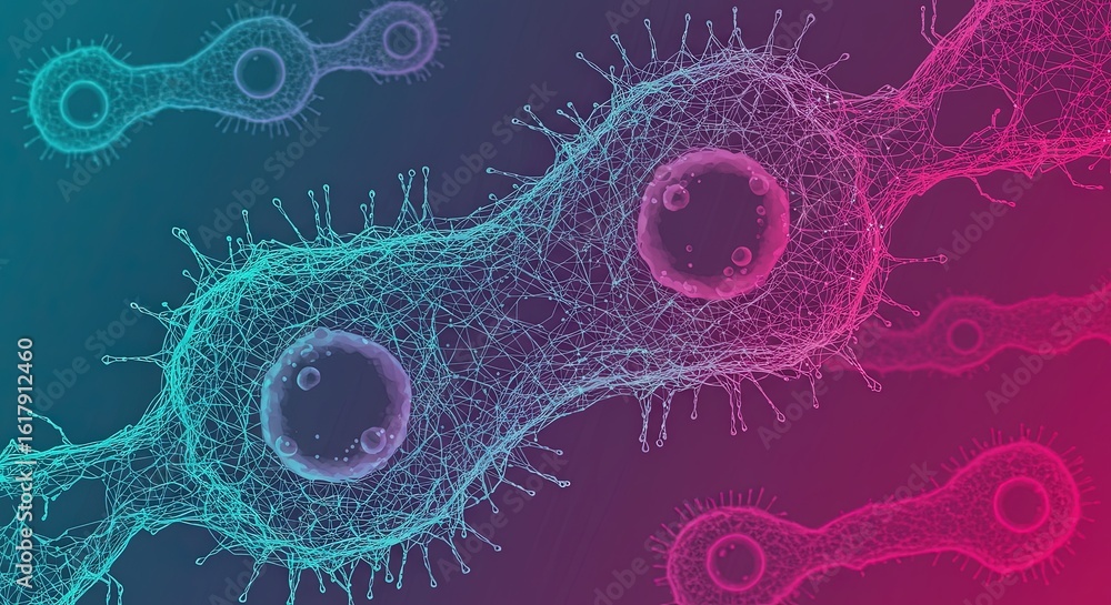 Poster abstract network of connected cells some with internal spheres against a gradient background
