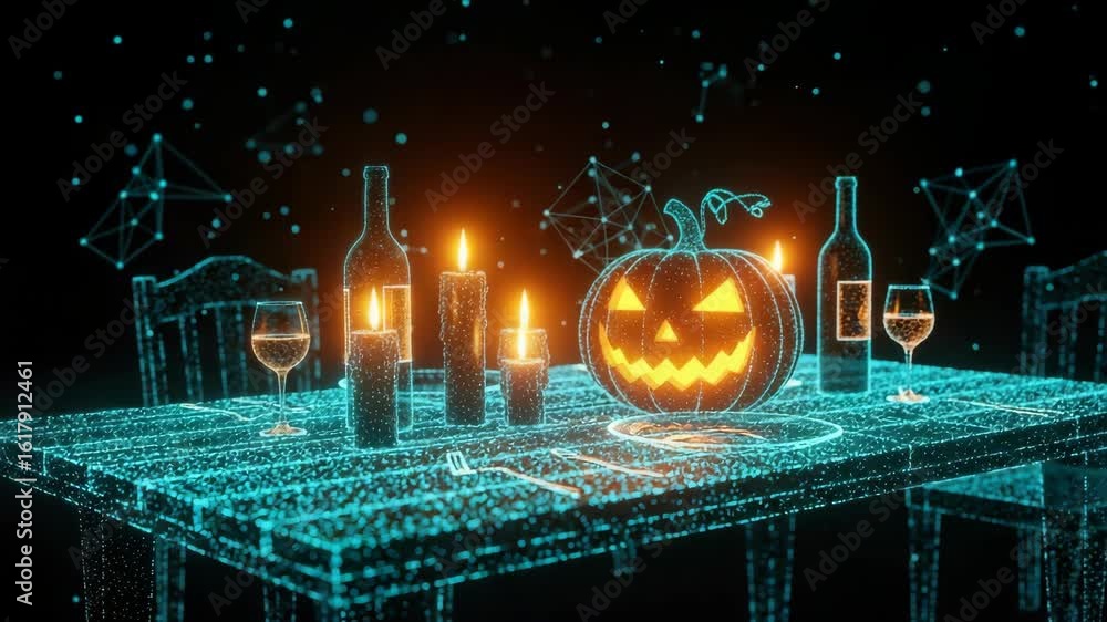 Poster a digitally rendered halloween-themed table setting featuring a glowing jack-o'-lantern flickering c