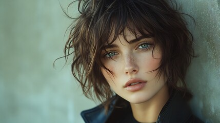 Dynamic shot of short choppy layers styled with a messy carefree look the hair tousled and full of texture set against a modern urban backdrop to enhance the edgy contemporary vibe