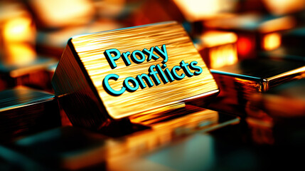 Proxy conflicts concept represented by a golden keyboard key, symbolizing modern digital warfare, cyber attacks, and online political strategy.