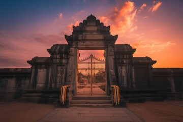 Stone gate with metal gate in front of a temple at sunset with orange and pink sky above it