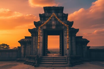 An ornate stone archway adorned with garlands at sunset leading to a distant landscape view point