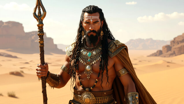 Majestic warrior with ornate armor and staff stands strong in a vast desert landscape under a clear sky - Powered by Adobe