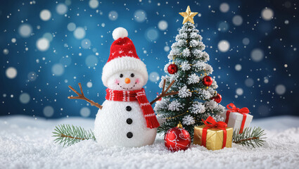 Charming snowman with festive Christmas tree and gifts creates a magical winter wonderland scene with falling snow