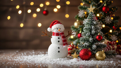 Obraz premium Joyful snowman and decorated Christmas tree bathed in warm festive lights, evoking holiday cheer and winter magic.