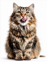 Fototapeta premium Fluffy Cat Licking Lips on White Background 