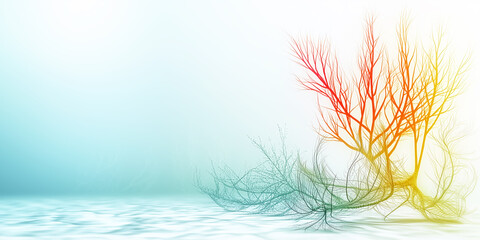 Abstract illustration of a colorful sea fan coral growing on a sandy ocean floor, with a serene blue background and copy space.