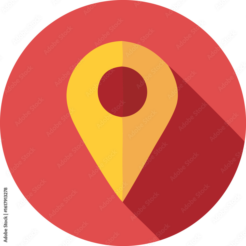 Poster a vibrant flat design icon featuring a bright yellow map pin marker with a circular shadow on a bold
