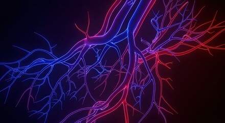 Bioluminescent blue and red vascular network on black background