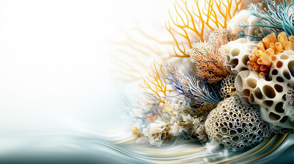 Detailed digital illustration of a vibrant coral reef with intricate structures and flowing water, on a clean background with copy space.