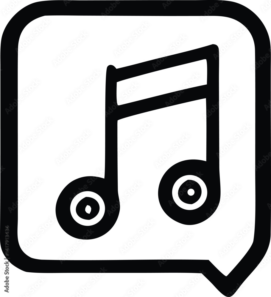 Poster simple black and white icon of a musical note inside a speech bubble representing audio communicatio