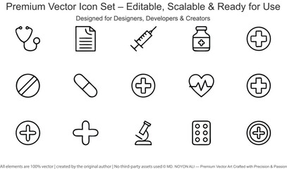 Medical Icons Stethoscope Pill Syringe Heartbeat Microscope
