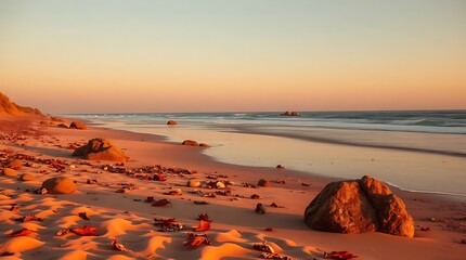 High-resolution stock photo a commercial-quality beach scene in warm autumnal hues of reds, oranges, and yellows, exhibiting earthy coziness and professional lighting