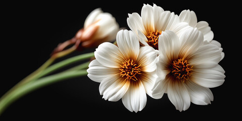 Fototapeta premium Dahlias: A close-up showcases the delicate petals of several white dahlias, each radiating an artistic elegance against a rich, dark backdrop. 