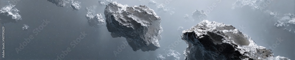 Poster high-quality futuristic asteroid fragment with glowing crystals in zero gravity for sci-fi publishin