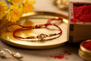 A rakhi on a golden plate with yellow flowers and kumkum, a celebration of the raksha bandhan festival