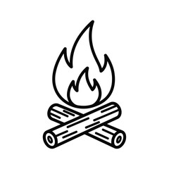Vector art of vector illustration of a simple campfire with crossed logs and a bright flame in black and white