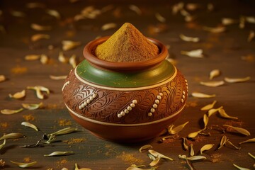 Still life of a decorated pot filled with turmeric powder surrounded by flower petals on a table