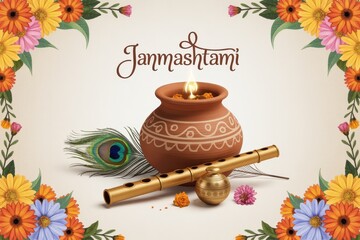 Illustration of janmashtami with pot, flute, peacock feather, and floral decorations around the edges