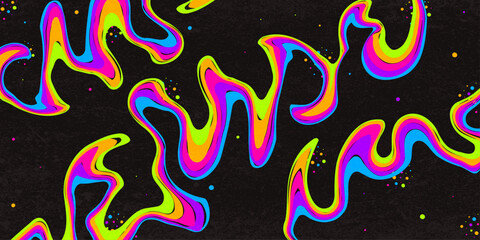 Retro Background with Wavy Colorful Lines, Colorful Dots, Minimalism, Psychedelic Art, Aesthetic, Neon, Groovy Poster, Stripes, Vintage, Vector
