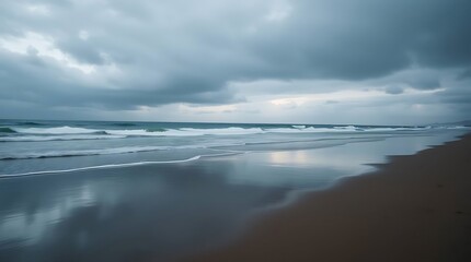 High-resolution stock photo a moody beach scene with low contrast, strong style, commercial quality, professional photography