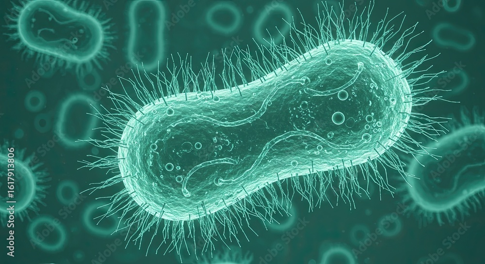 Poster closeup of a rodshaped bacterium with numerous flagella and internal structures