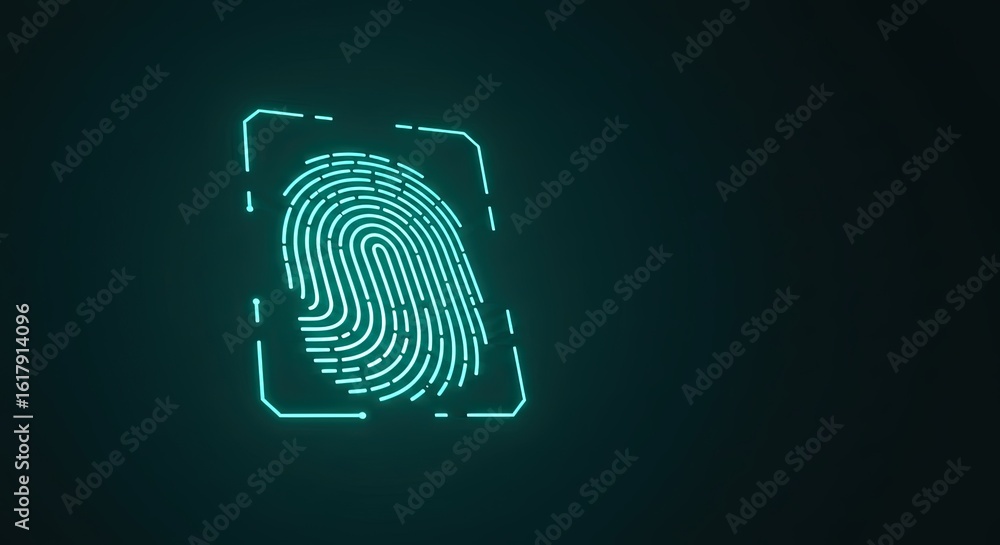 Poster cyan glowing fingerprint within a square outline on a dark background
