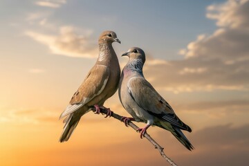 Two eurasian collared doves perched closely together on a branch against a cloudy sky at sunset