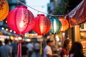 Colorful lanterns adorn a bustling street during a vibrant cultural festival celebration outdoors