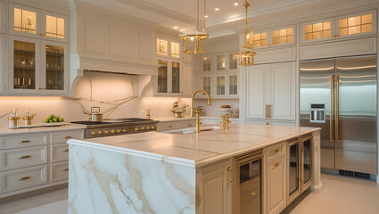 Luxury Marble Kitchen Interior with Gold Accents and High-End Design