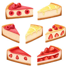 Lifelike vector cheesecake slices filled with raspberry, lemon, and strawberry, set against a white background.

